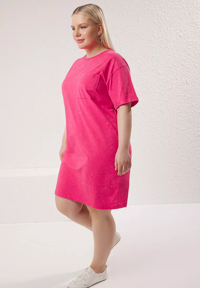 Pink Crew Neck Washed Knit Plus Size T-Shirt Dress Tbbss25Ah00007