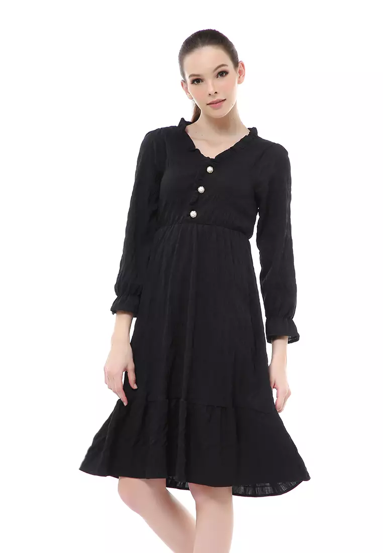 Rachel Dress Kasual Wanita Lengan Panjang Model Simple Material Chiffon ORIGINAL - Black