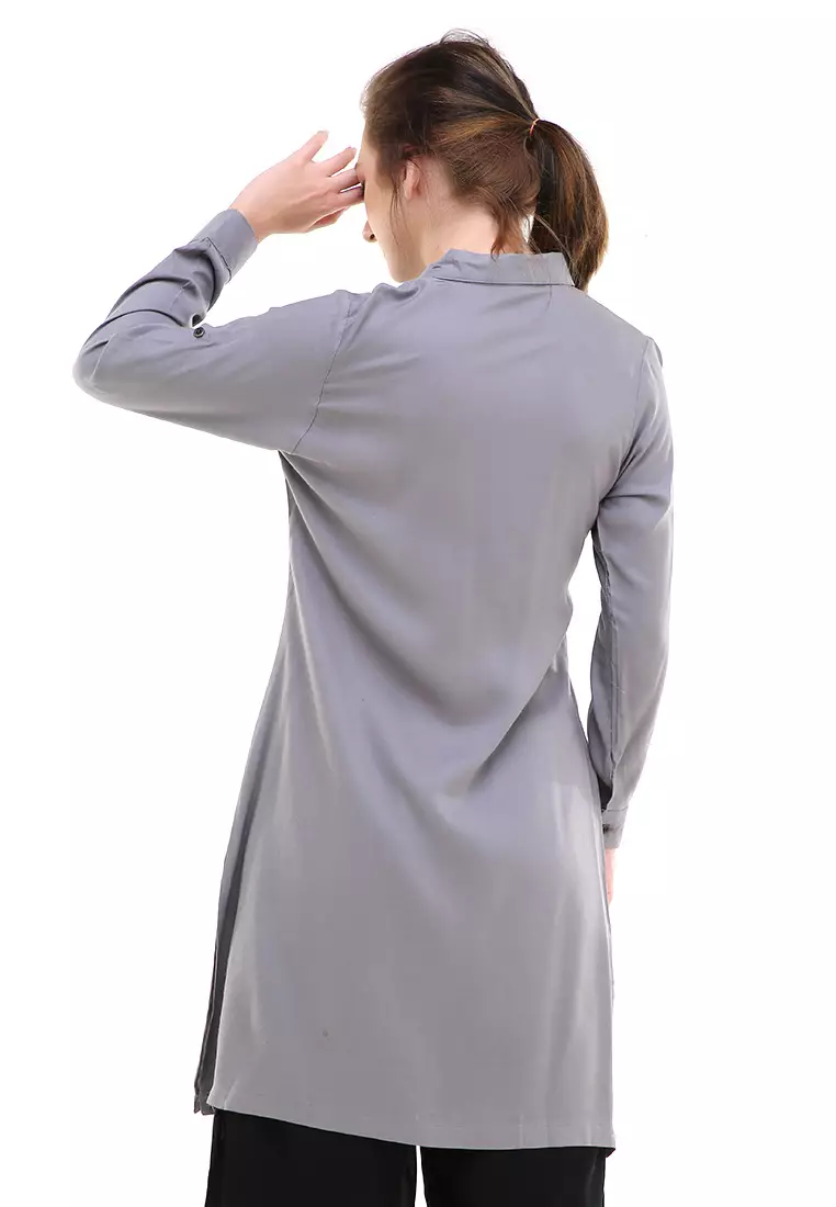 Eleazar Tunik Long Sleeve Motif Solid Design Casual Atasan Wanita Regular Fit - Dark Grey