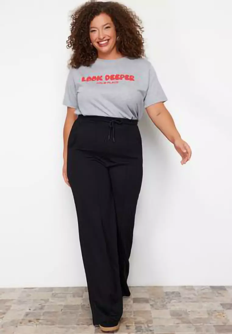 Black Ribbed Detailed Knitted Trousers Tbbss24Ay00004