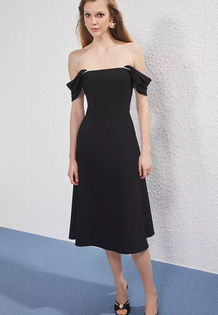 Black Pearl Detailed Waist Opening Woven Midi Evening Night Graduation Dress TPRSS25EL00287