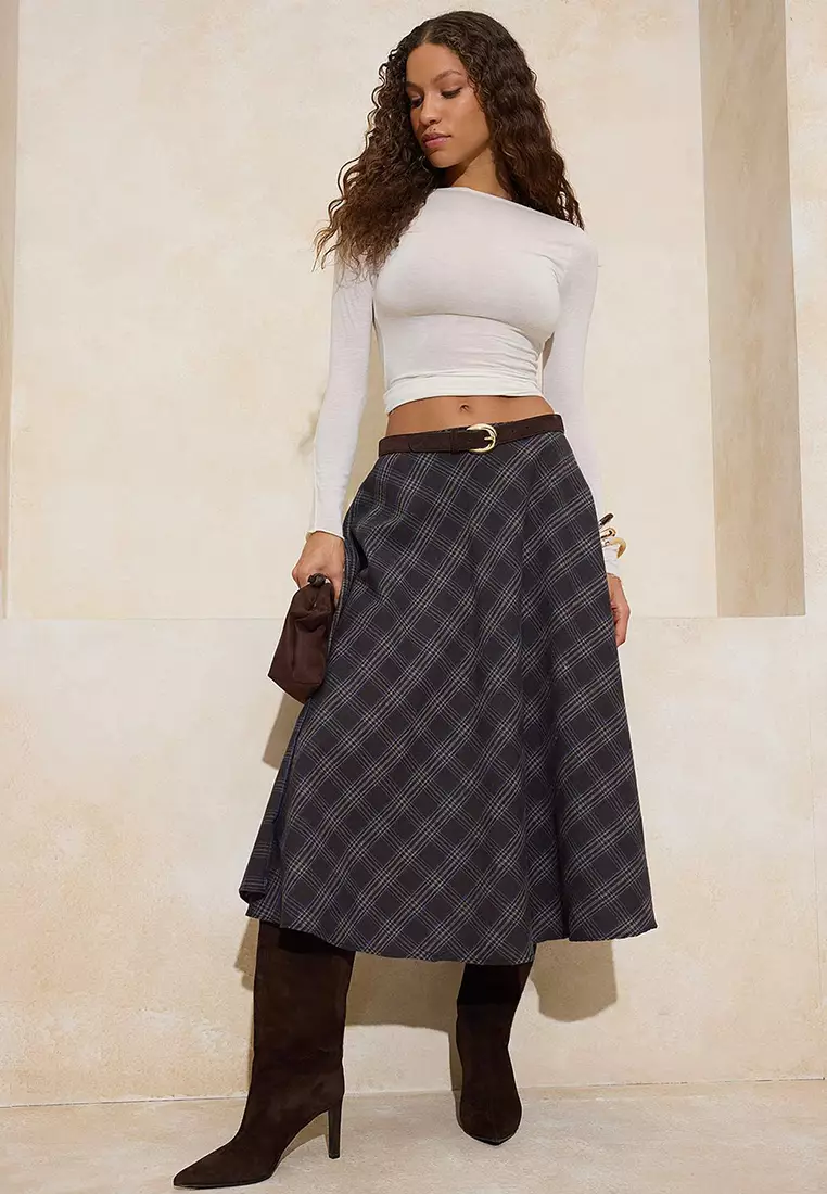 Brown Plaid/Checkered Flannel Woven Flared Midi Skirt Twoaw26Et172