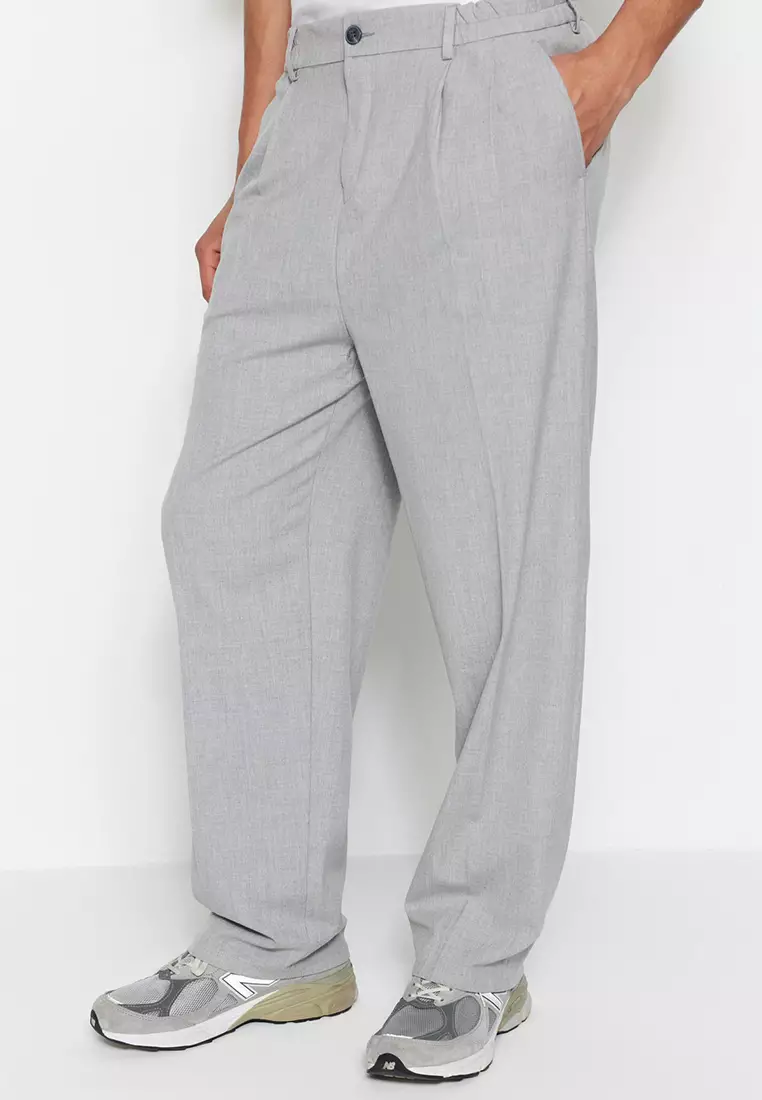 Men's Gray Palazzo Elastic Waist Pleated Pants