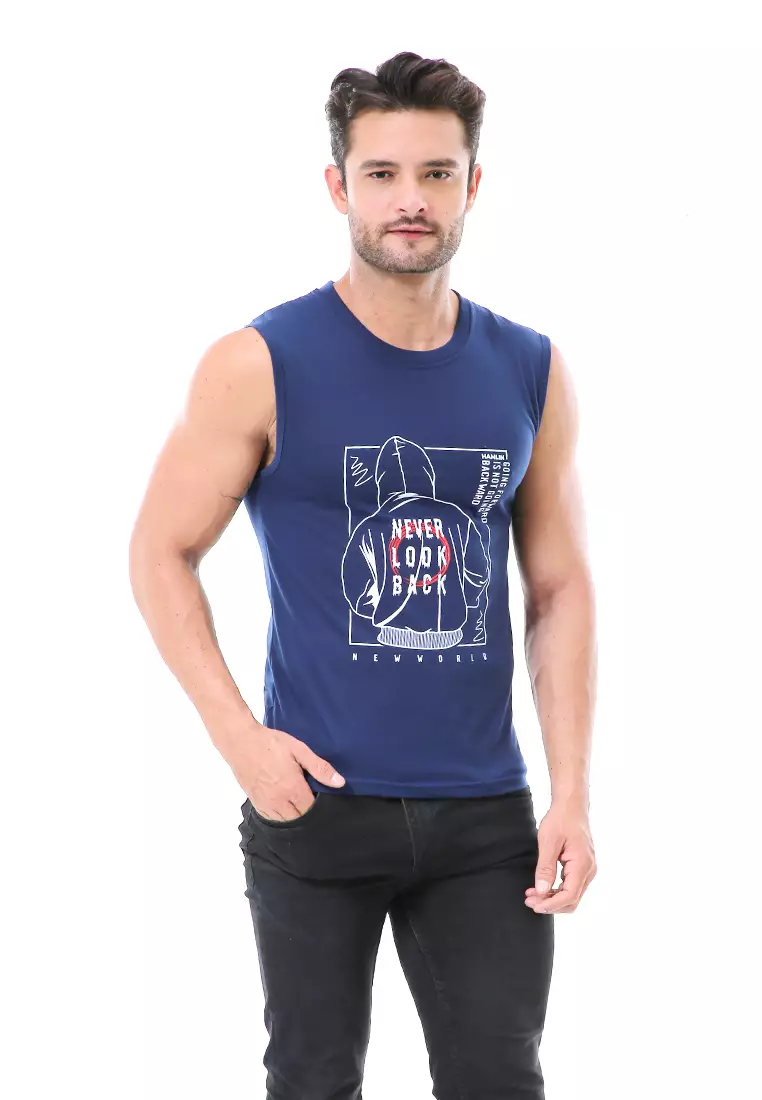 Bobby Atasan Kasual Pria Singlet Motif Never Look Back Sleeveless Tshirt Material Cotton ORIGINAL - Navy