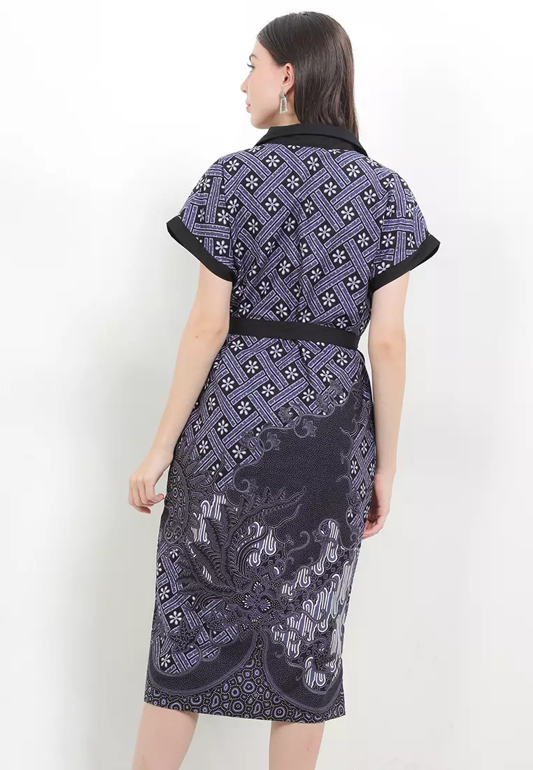 Dress Batik Wanita Davena Short Sleeves Lining Black Navy Belt