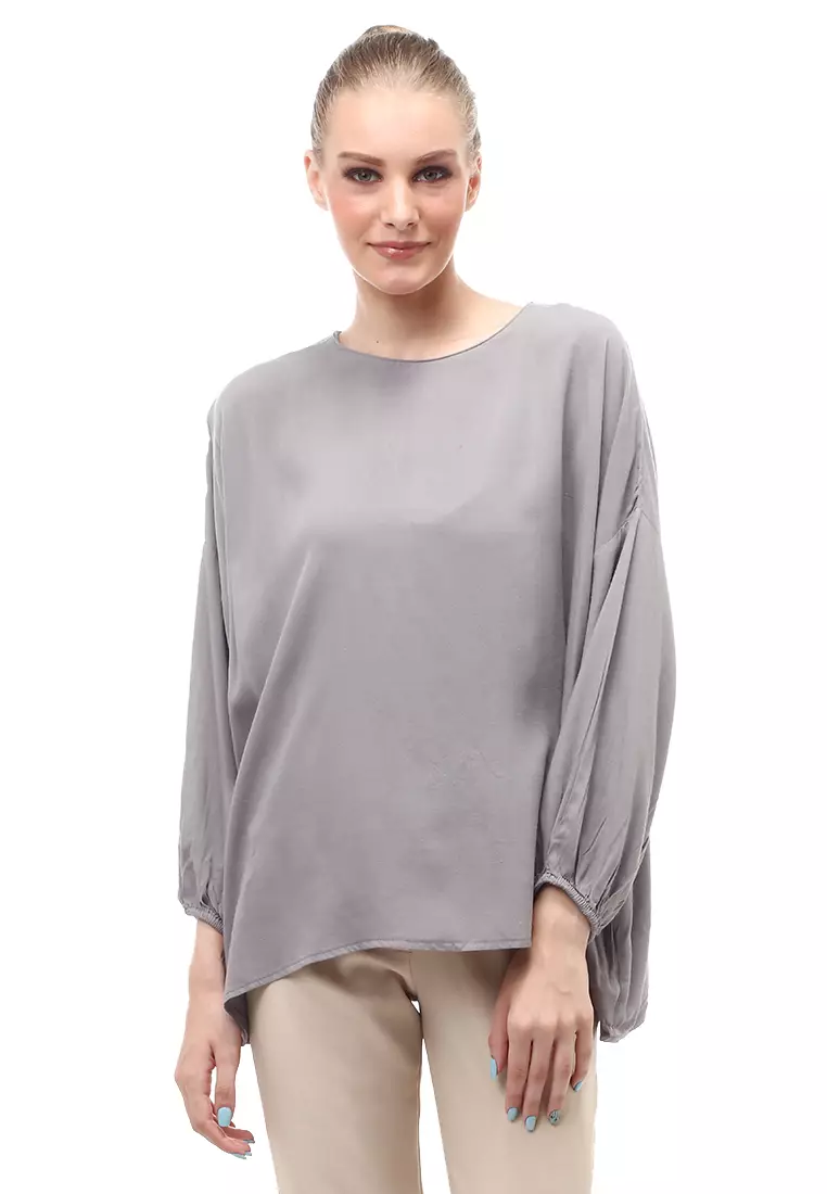 Glory Blouse Oversize Long Sleeves Atasan Wanita Design Simple Motif Polos Relaxed Fit - Grey