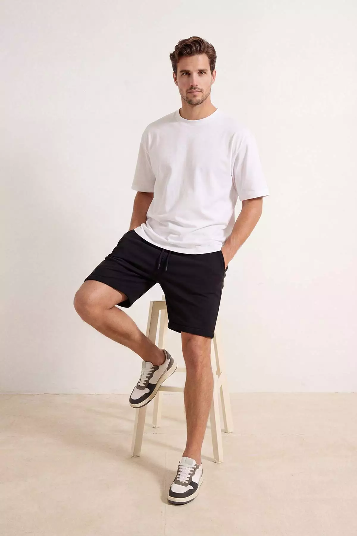 Black Elastic Waist Linen Look 100% Cotton Woven Men'S Shorts & Bermuda Tmnss26Sr00008