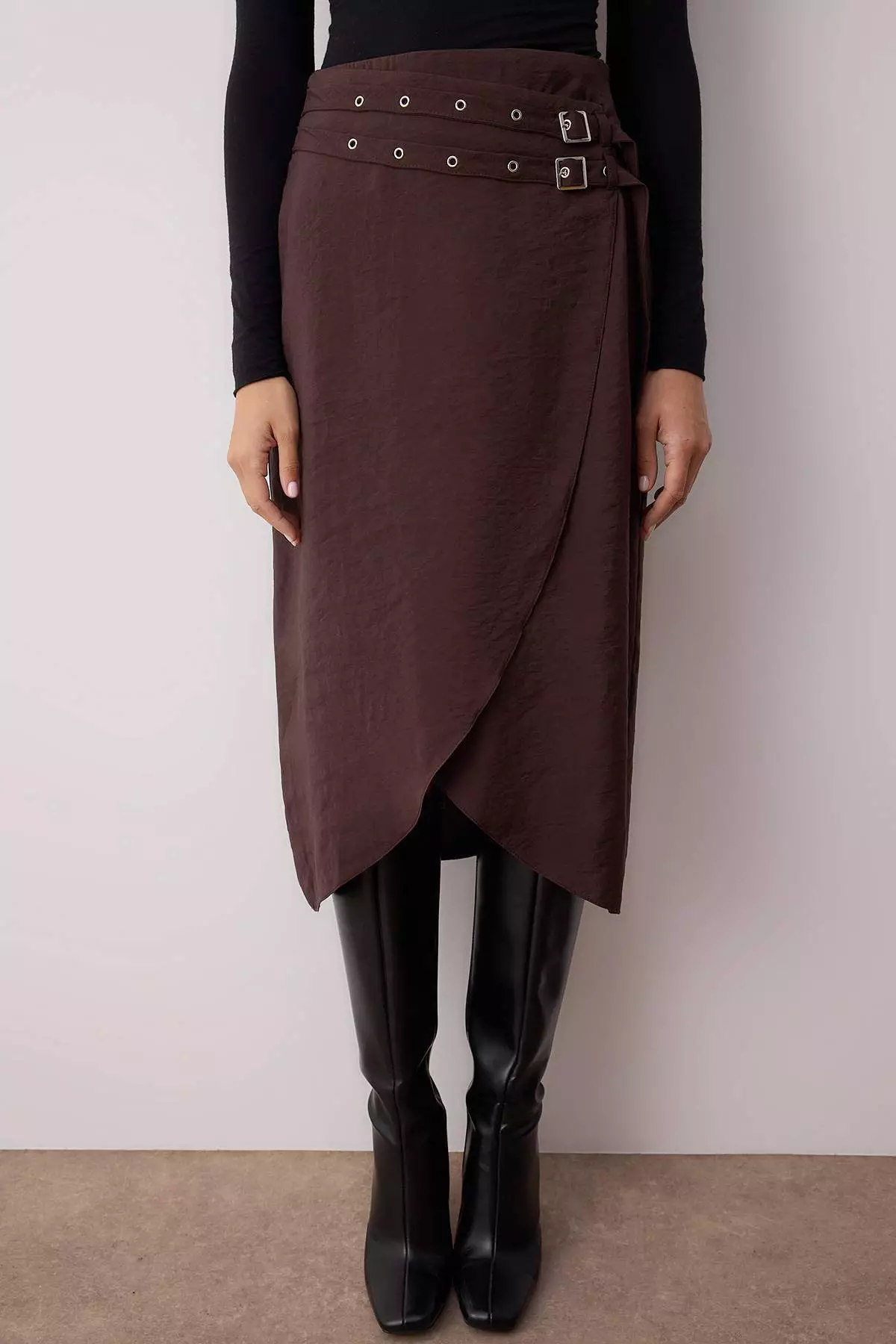 Dark Brown Belted Double Breasted Midi Viscose Skirt