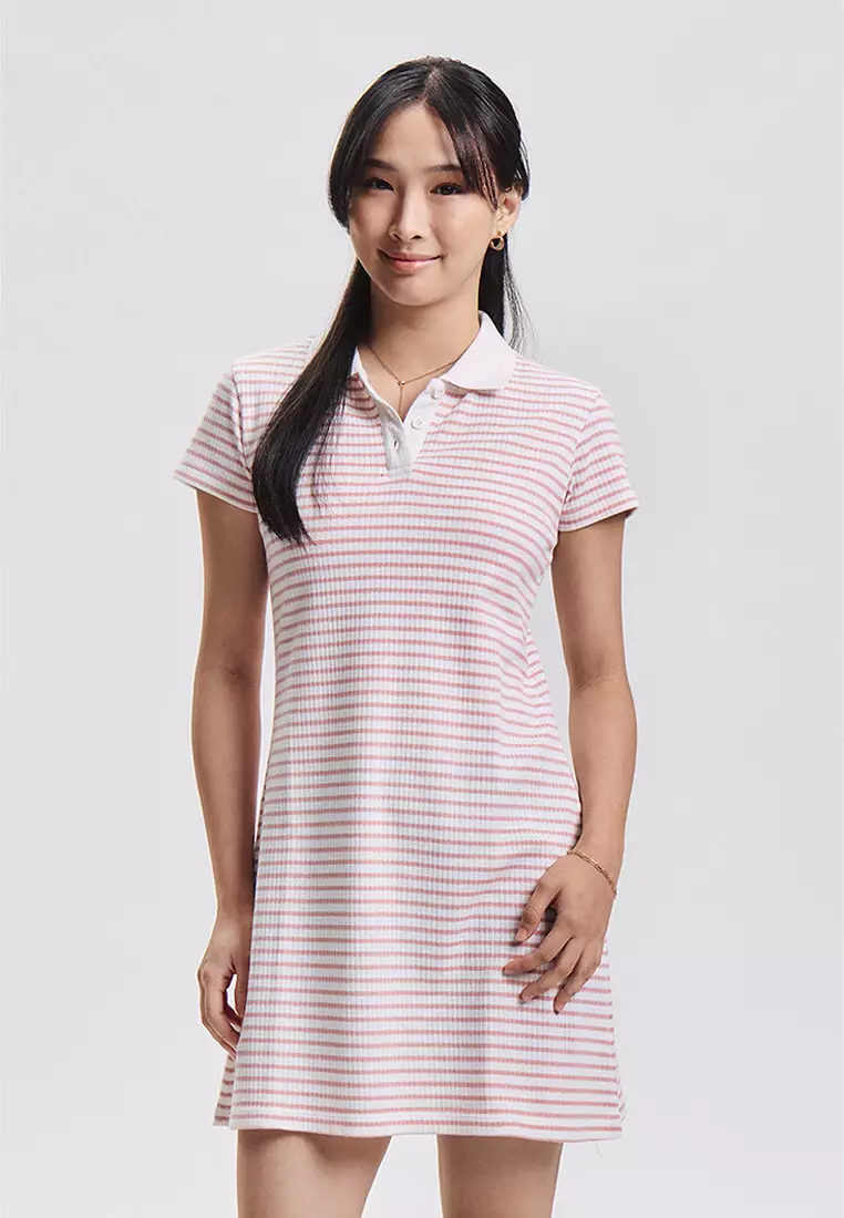 Short Sleeve Ribbed Knit Stripe Polo Dress