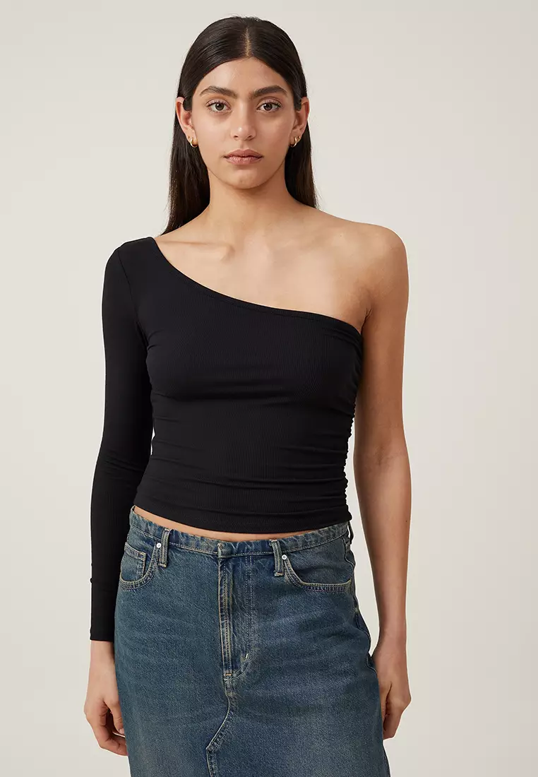 One shoulder black top hotsell long sleeve