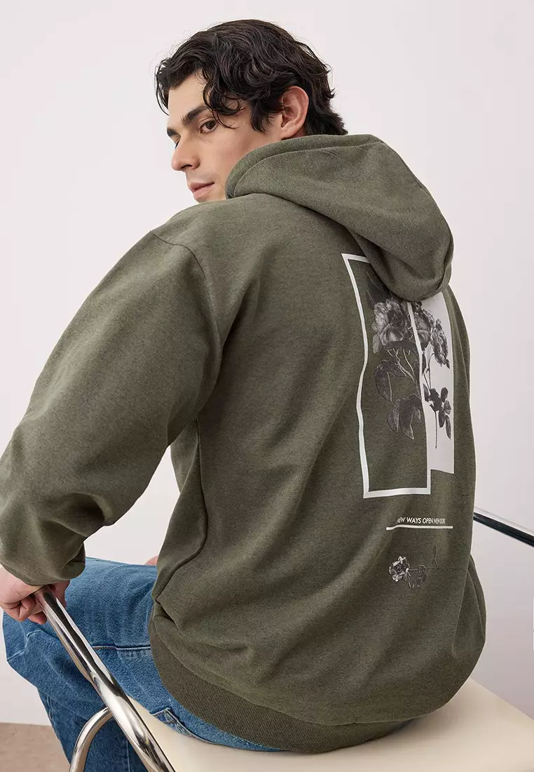 Khaki Oversize/Wide Cut Hooded Fleece/Warm Floral Printed Sweatshirt