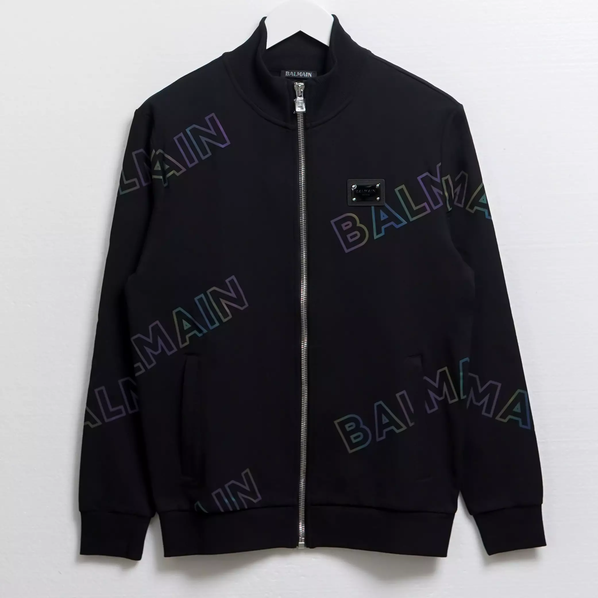 Jaket BALMAIN ALL OVER TEXT REFLECTIVE BLACK ZIP TRACK JACKET 100% ORIGINAL