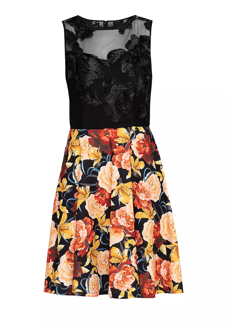Lace yoke hot sale floral flare dress