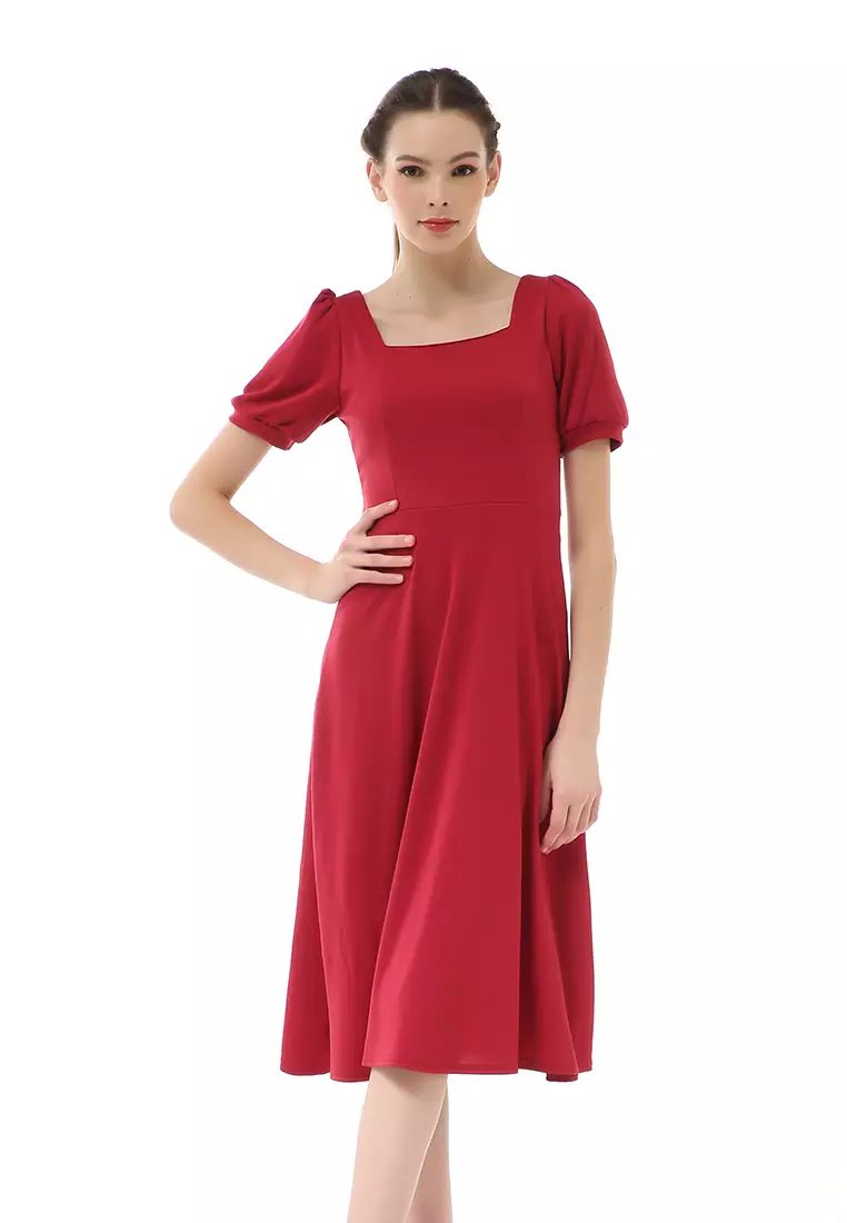 Rachel Long Dress Wanita Lengan Pendek Motif Polos Material Cotton ORIGINAL - Red