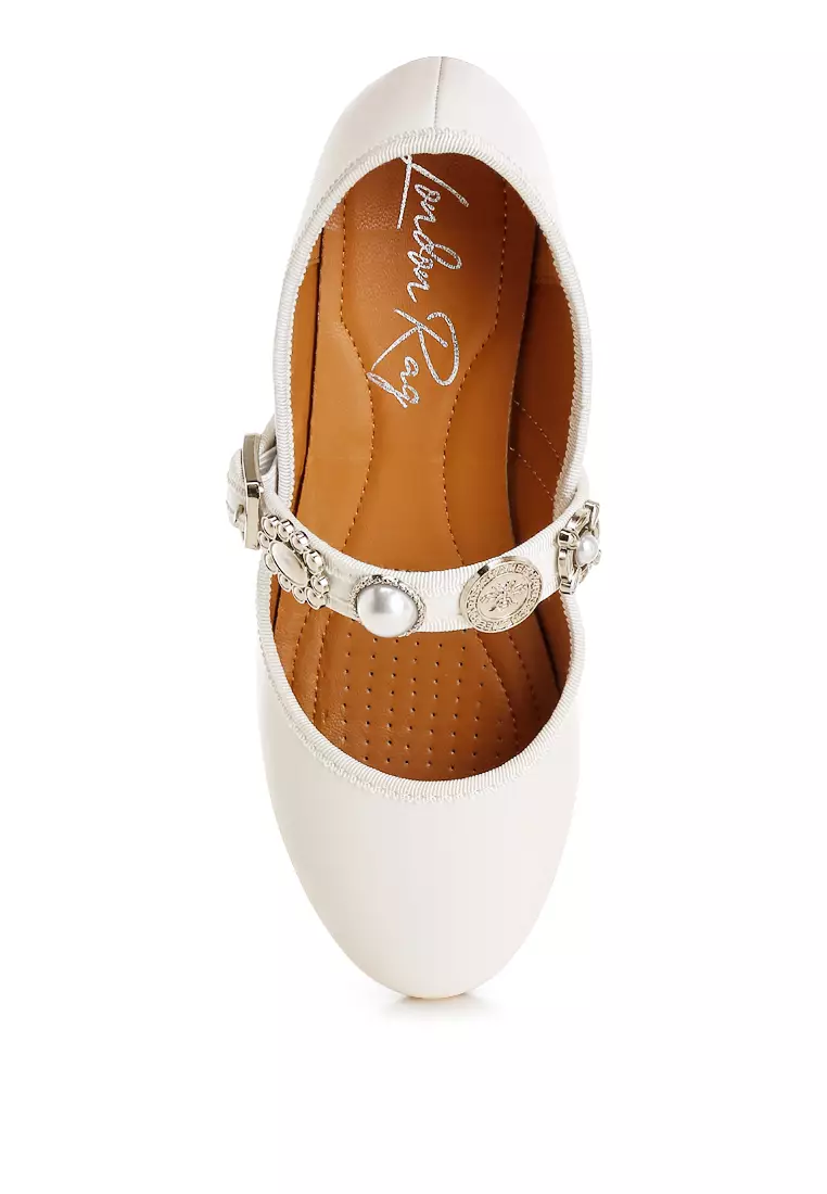 Charms Embellished Flat Mary Janes in White