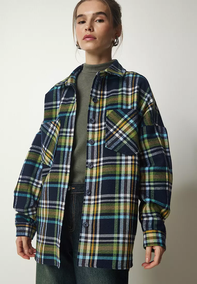 Women's Navy Blue Green Patterned Oversize Stamp Woodcutter Shirt Tu00034