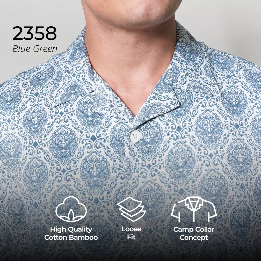 Casella Kemeja Lengan Pendek Kerah Terbuka | Cuban Camp Bowling Collar Xantif Edition 2358 Blue Green