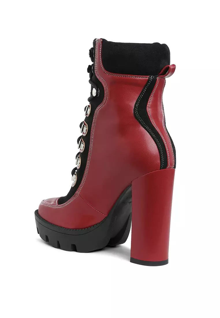 High Heel Lace-Up Biker Boot in Burgundy black