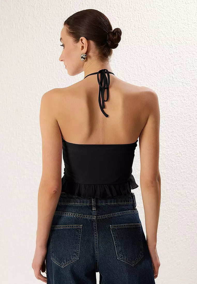 Black Halter Neck With Ruffle Detail Stretchy Knitted Blouse