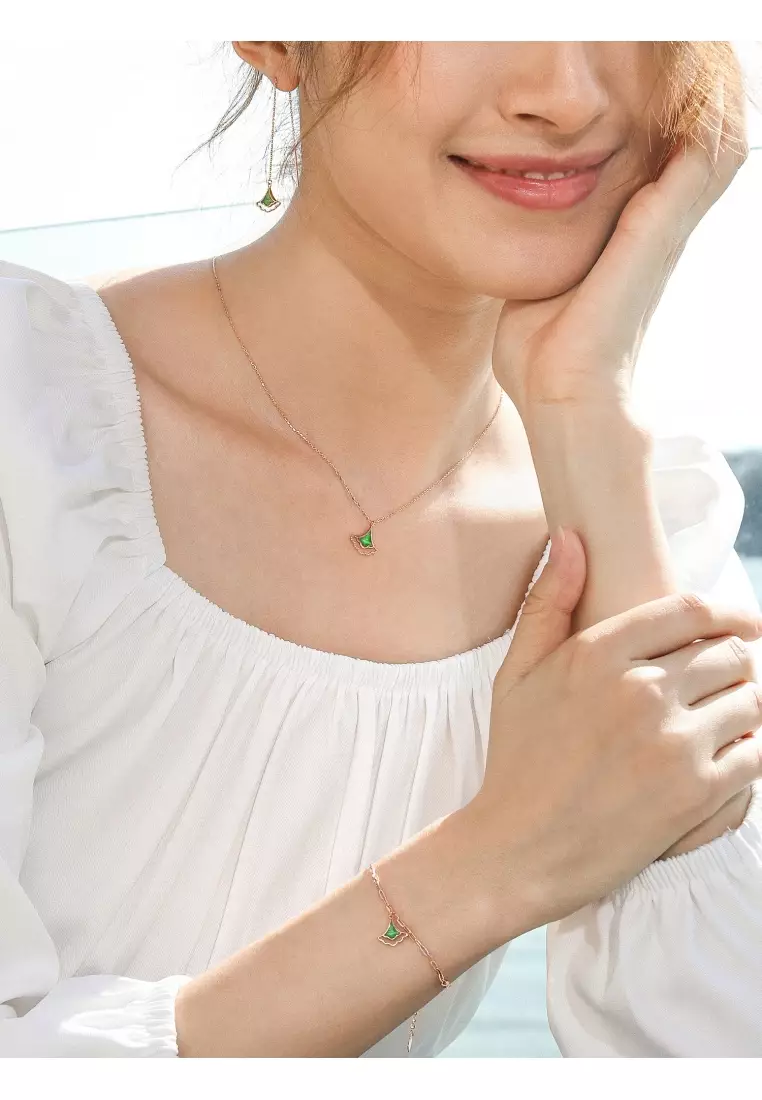 Delicate Gold 18K Rose Gold & Green Enamel Gingko Leaf Necklace for Women 92255N