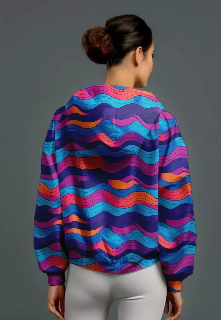 LSC79 CJK Jaket Olahraga Parasut Wanita Waterproof Motif "blue pink wave" warna warni