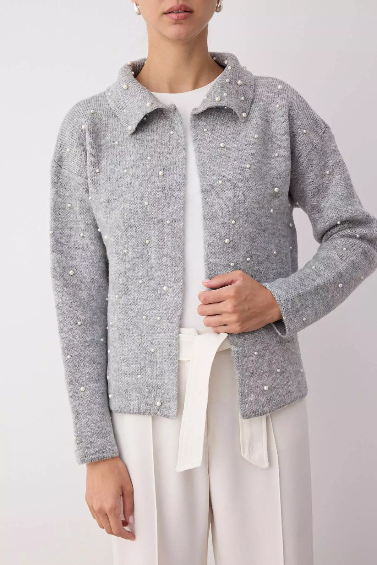 Gray Polo Collar Pearl Detail Wide Fit Knitwear Cardigan