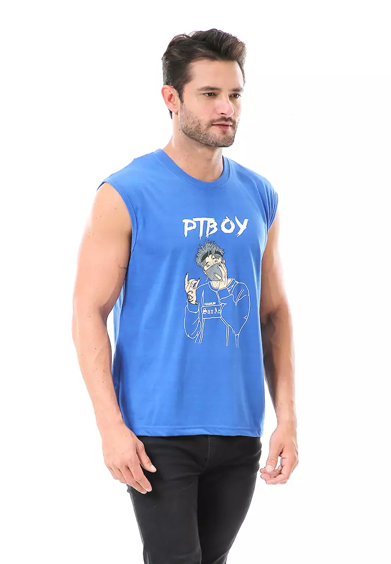 Bobby Atasan Kasual Pria Singlet Motif Ptboy Sleeveless Tshirt Material Cotton ORIGINAL - Blue