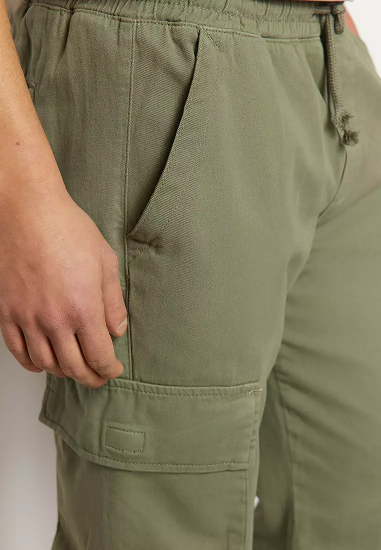 Light Khaki Unisex Regular Fit Elastic Waistband Cargo Pocket Trousers TMNSS24PL00003