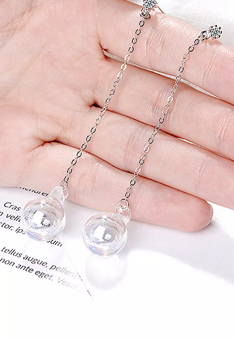 Sphere Rainbow Glass White Gold Layered Dangle Earrings