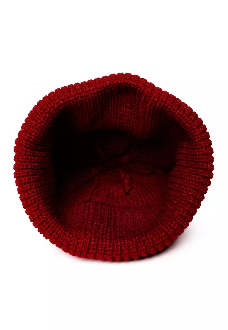 Waffle Cuff Embroidered Beanie In Burgundy