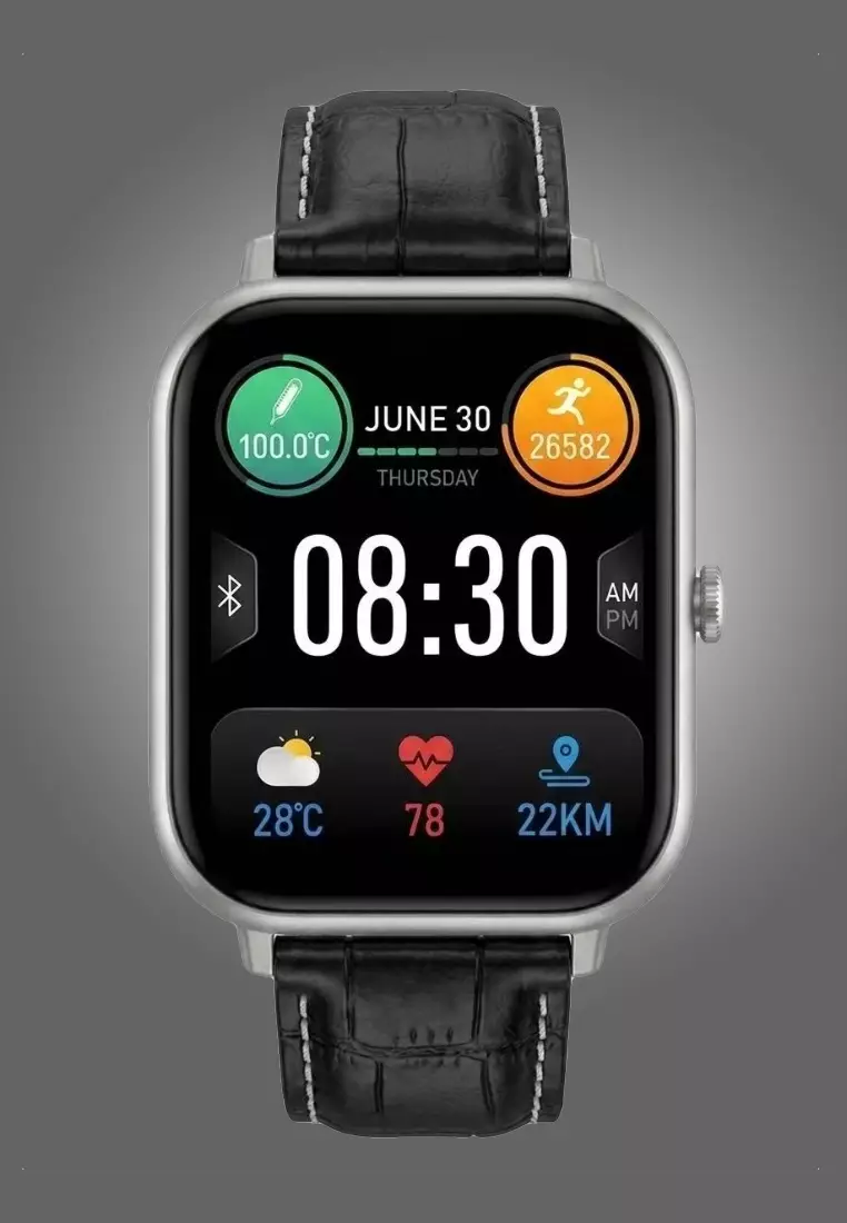 Smart and Elegant - Unisex Rectangular Smart Watch iOS/Android - Leather Strap + 1 Silver Silicone Strap