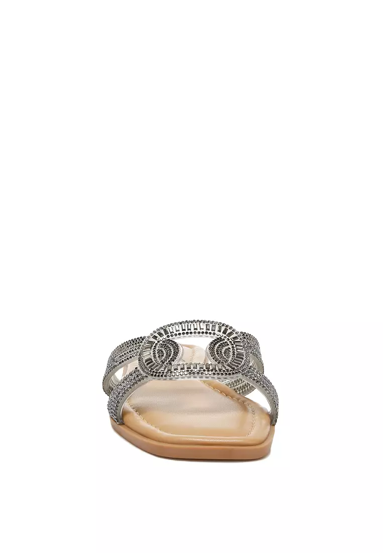 黑色水鑽裝飾平底涼鞋