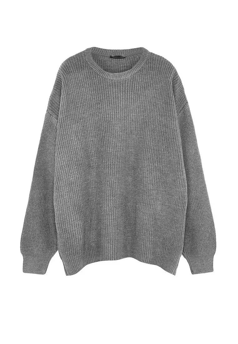 Men's Oversize Gray Knitwear Sweater - Crew Neck, Plus Size Tmnaw24An00001