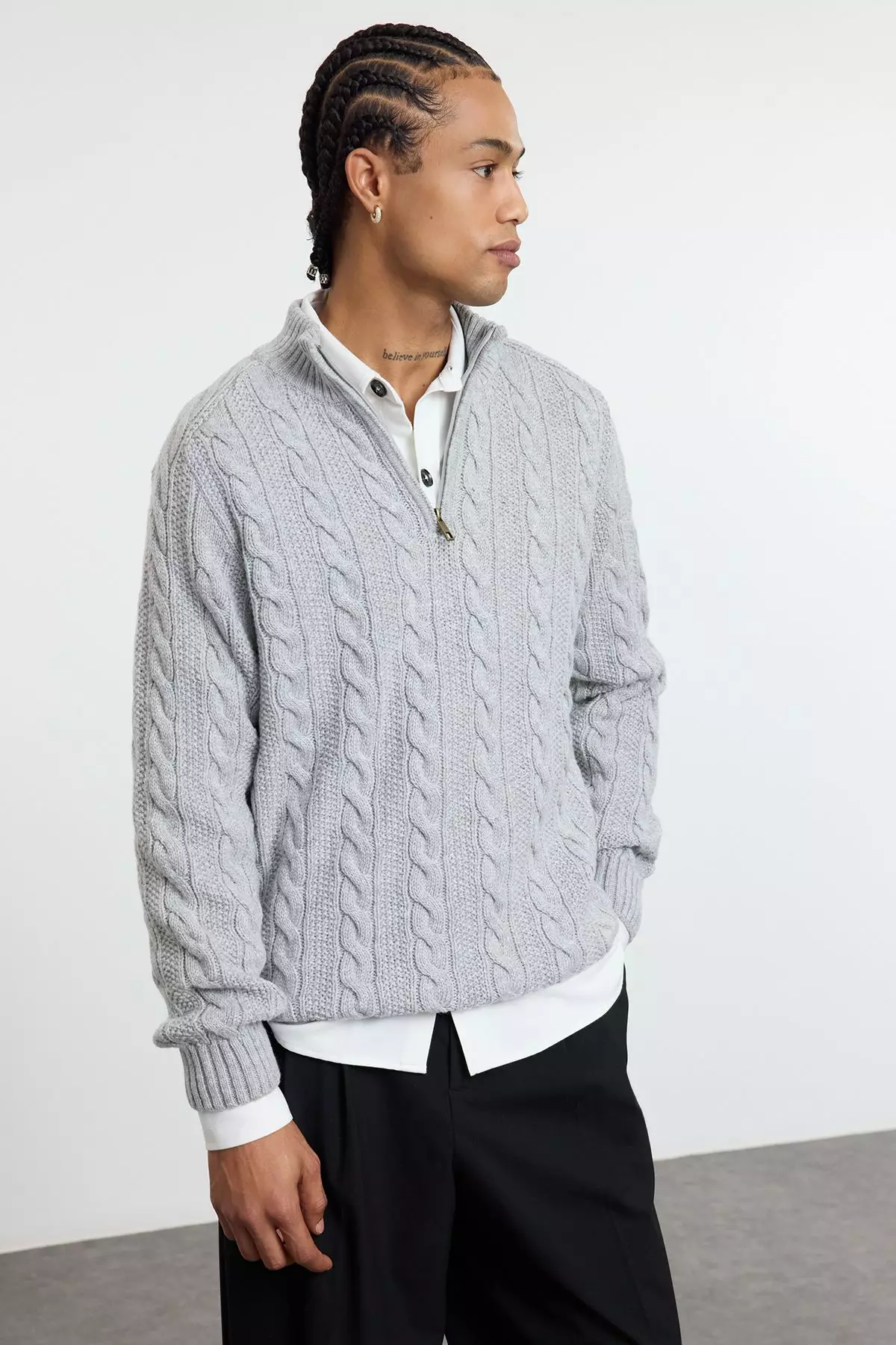 Grey Unisex Regular Fit Zippered Half Turtleneck Knit Sweater TMNAW21KZ0737