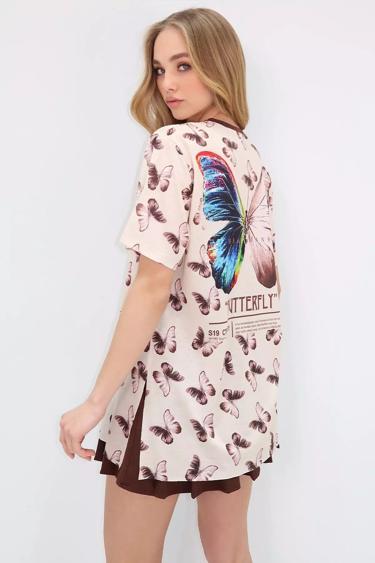 Women's Stone Crew Neck Digital Printed Side Slit Sweatshirt