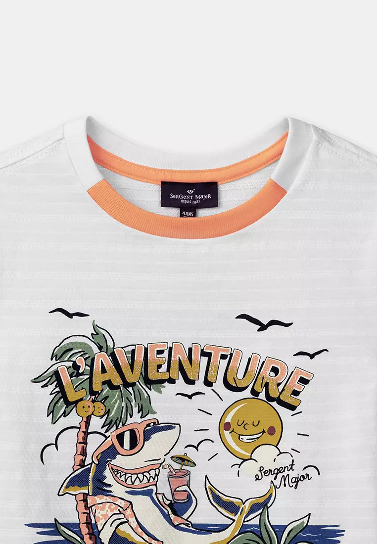 WHITE JERSEY SHARK PATTERN T-SHIRT