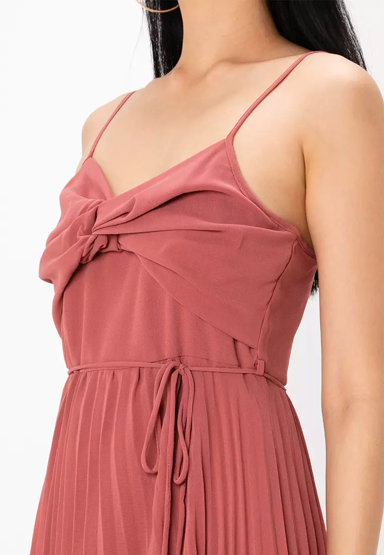 Twist Front Pleated Cami Midi Dress With Belt