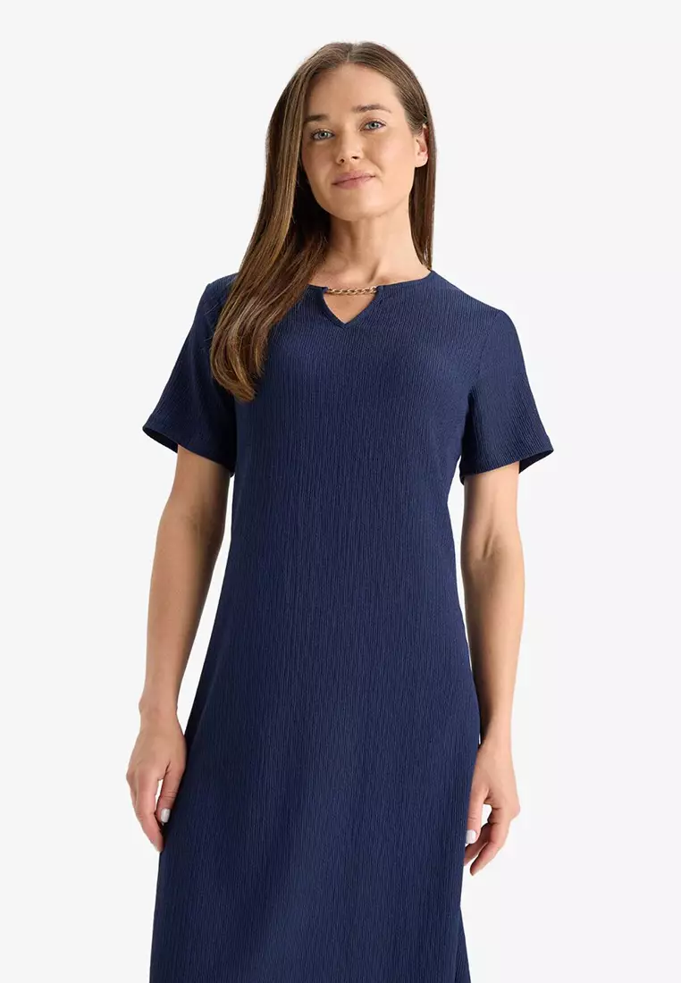 Regular Fit Apaş Collar Basic Plain Wrinkle Short Sleeve Midi Summer Dress D3834Ax25Sm