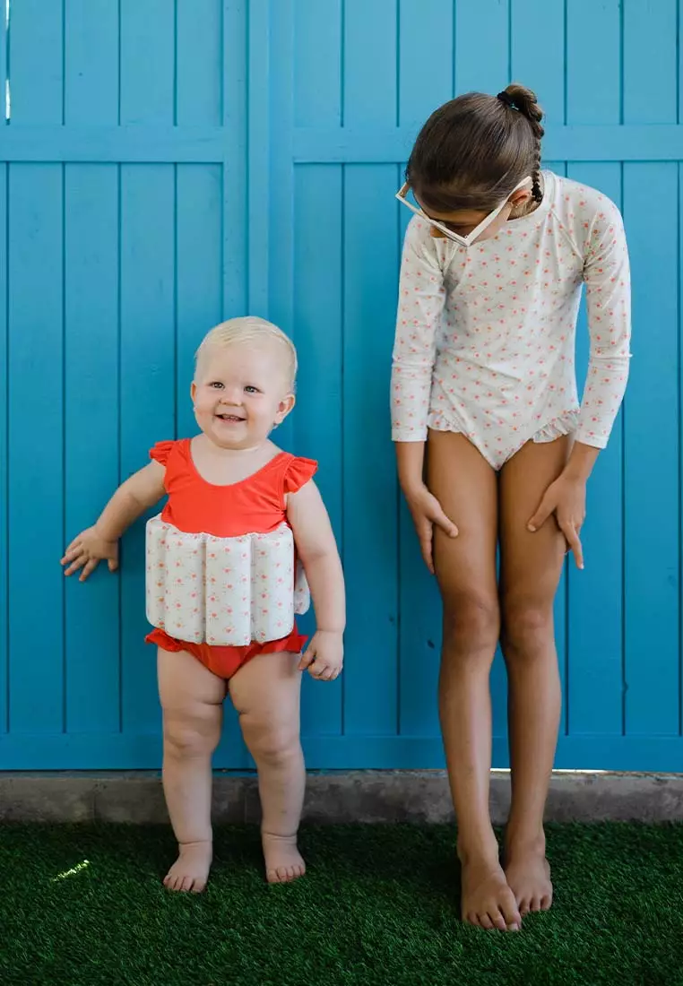 Stripes & Blooms Ruffles Sleeveless Floatsuit - Coral Daisy