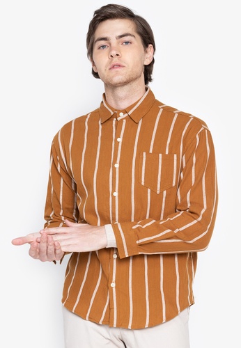 Hokny TD Mens Casual Long Sleeve Stand Collar Vertical Stripe Button Front Shirts 