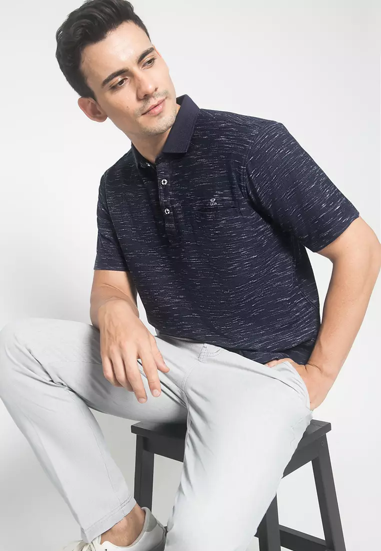 LGS - Kaos Polo Casual - Motif Garis - Navy - Regular Fit