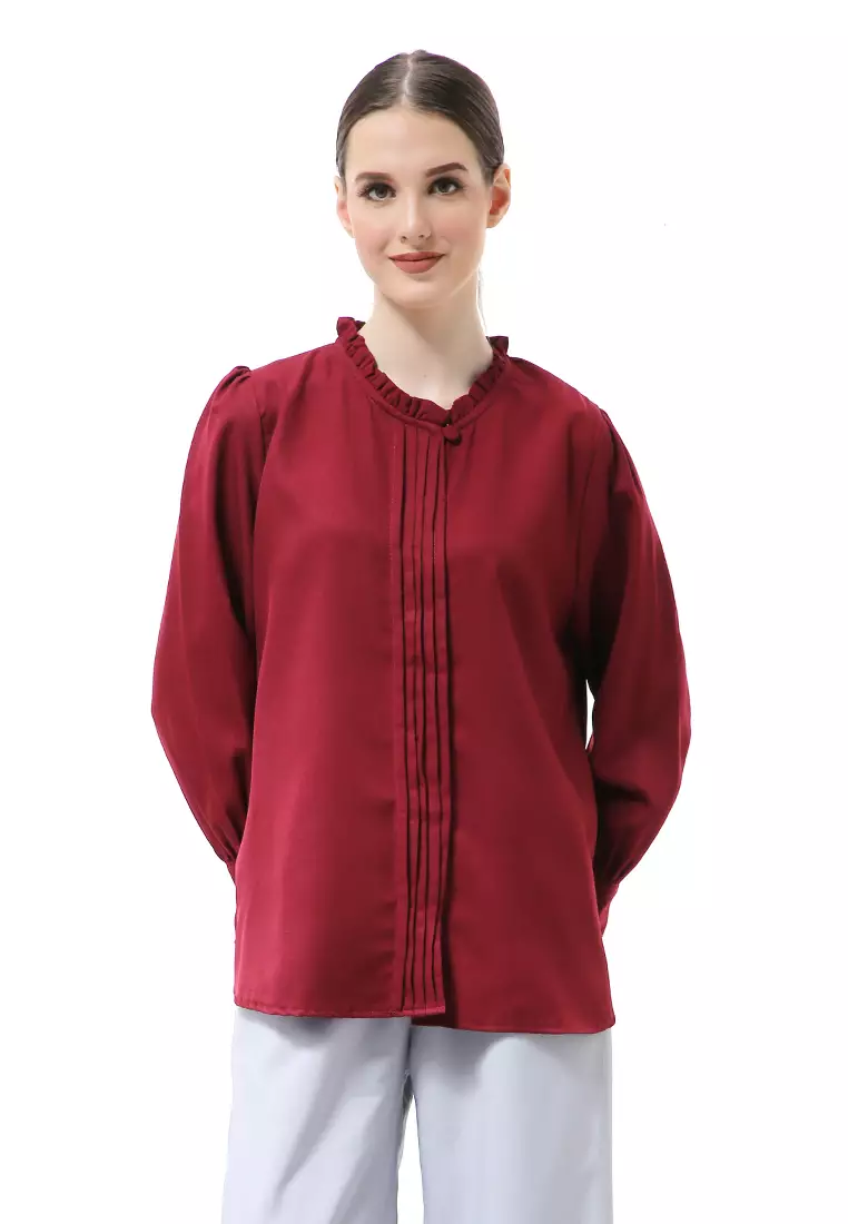 Vionka Kemeja Atasan Wanita Opnaisel Motif Polos - Maroon