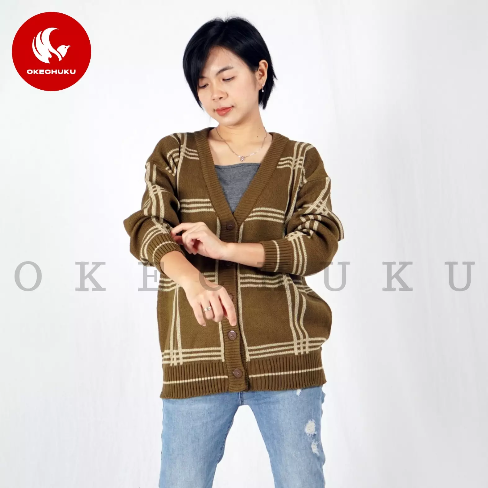  KARDIGAN MINGYU Cardigan Rajut V Neck Unisex Pria Wanita - Bronze
