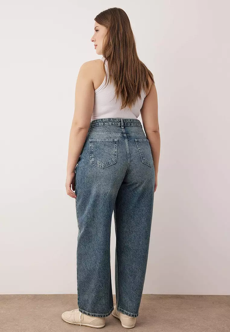 Blue High Waist Barrel Baggy 100% Cotton Non-Stretch Plus Size Jeans Tbbaw26Cj00043