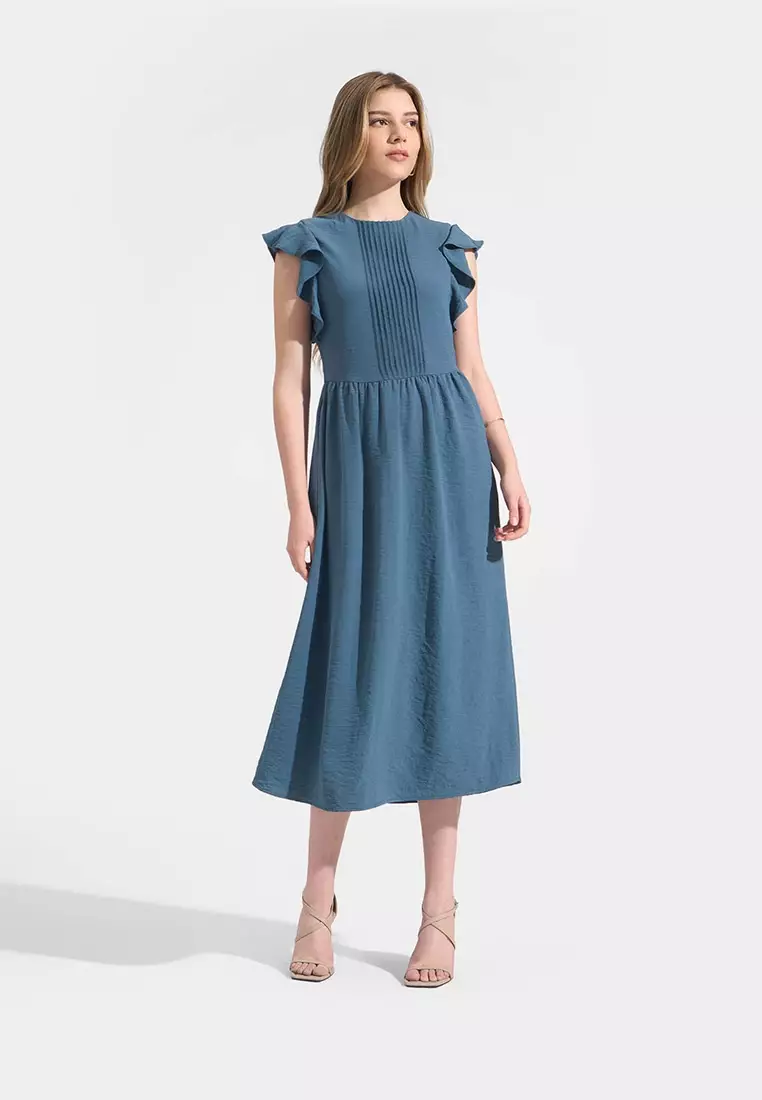 Ruffled Sleeves A-Line Midi Dress
