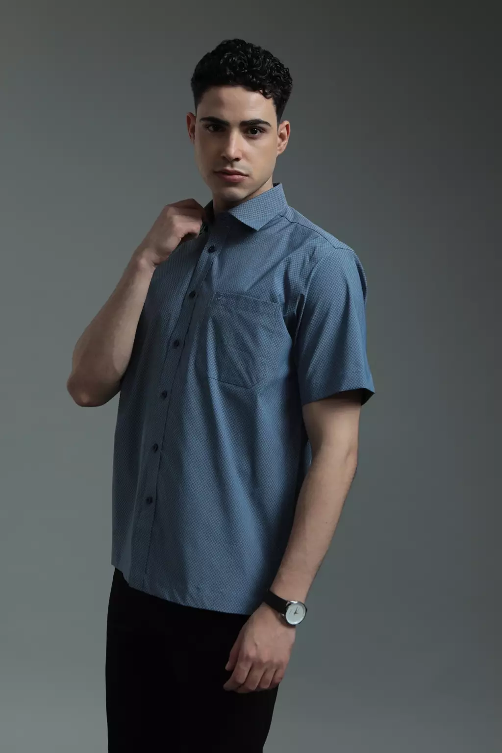 Kemeja Lengan Pendek Guy Laroche Mix Grid - Blue Cotton Mix Stretch Semi Formal