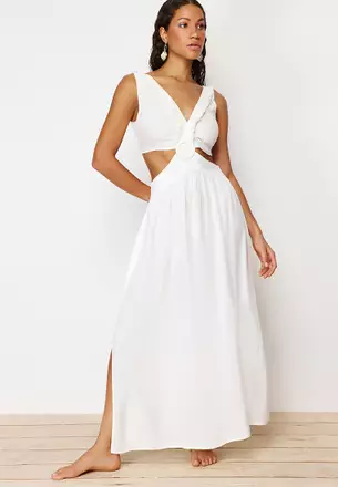 river island beach dress FARM Rio Blue Seahorse Embroidery One-Shoulder Euroflax Premium Linen Maxi Dress, Blue / M