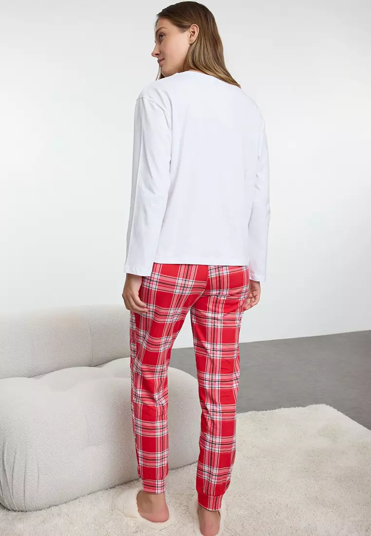 White-Multicolored 100% Cotton Winter Themed Plaid Knitted Pajama Set THMAW25PT00121