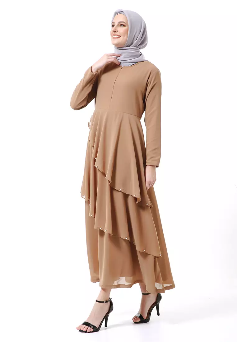 Shafira Dress Muslimah Long Sleeve Motif Polos Premium High Quality - Brown