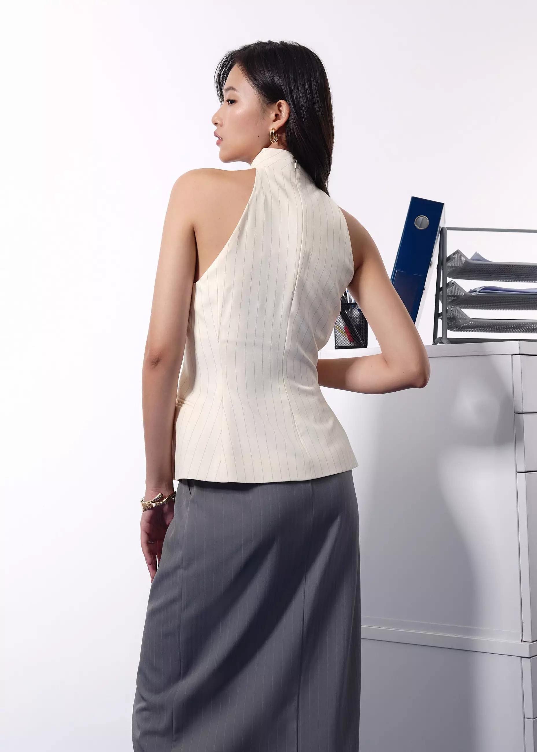 Atasan Wanita - Akira Tailored Pinstripe Cross Over Halter Top